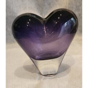 Rosenthal Purple Amethyst Art Glass Heart Bud Vase Paperweight 4” x 4”